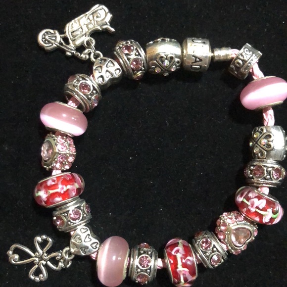 Pink Serjaden Leather Sterling Bracelet With Three 925 Charms - Picture 1 of 14